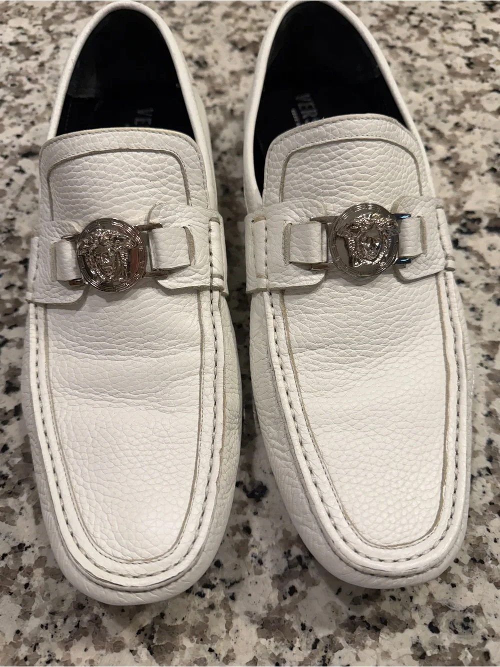 Versace Medusa White Pebbled Leather Slip-On Loafers Men’s US 10.5 EU 43.5